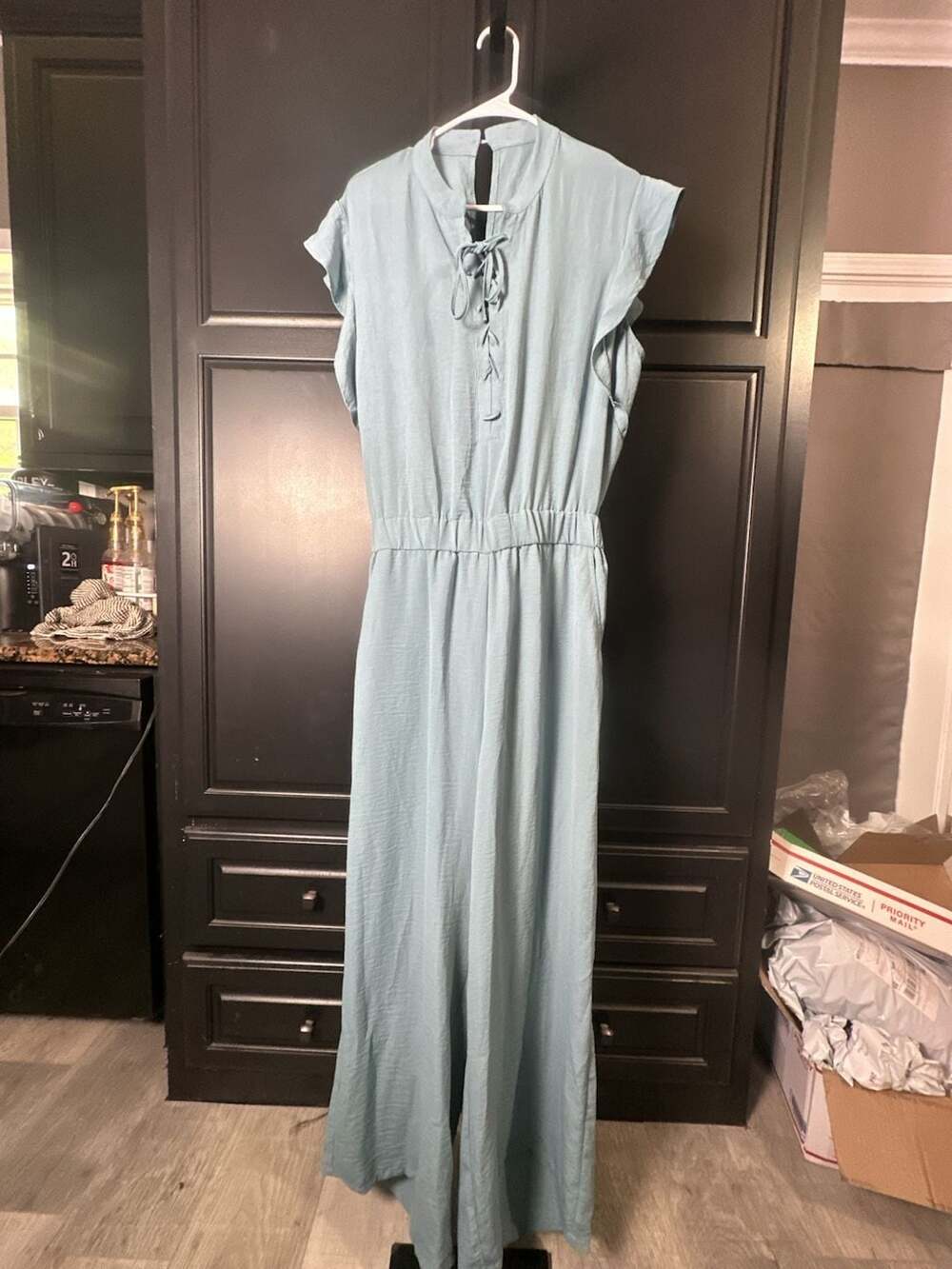 Halara Women's Light Blue Chambray Flutter Short Sleeve Open Back Jumpsuit#847